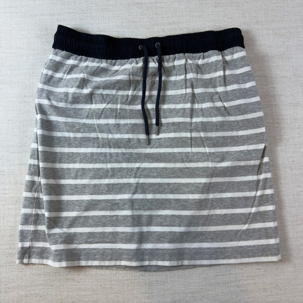 Orvis Womens Medium Grey White Striped Knit Skirt Navy Drawstring Pockets